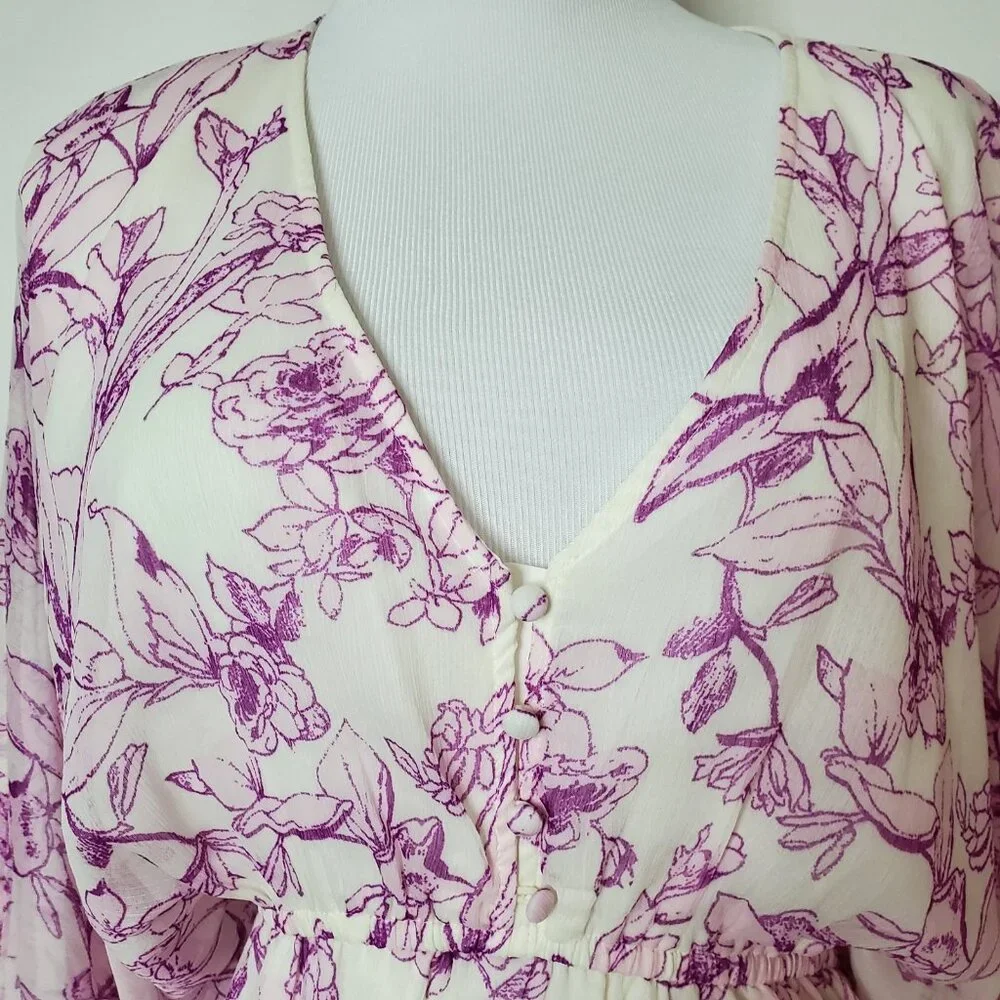 Women's Balloon Long Sleeve Mini Dress A New Day  Cream Purple Floral  XL - Picture 3 of 8
